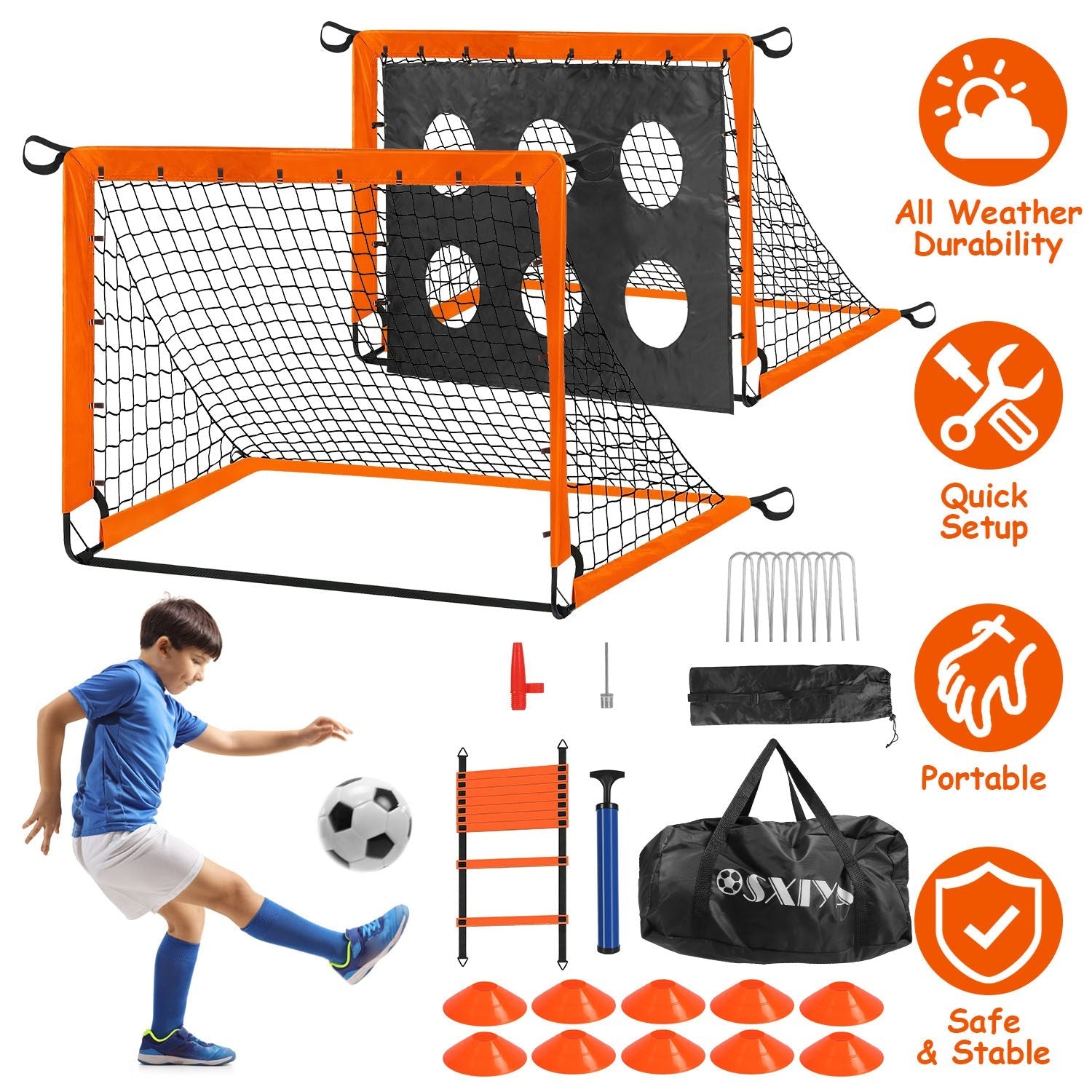 Kids Soccer Goals Set For Backyard Portable Soccer Training Equipment with Ball Pump Cones Agility Ladder Target Carry Bag For Toddler Age 3+ Outdoor - PitchMade