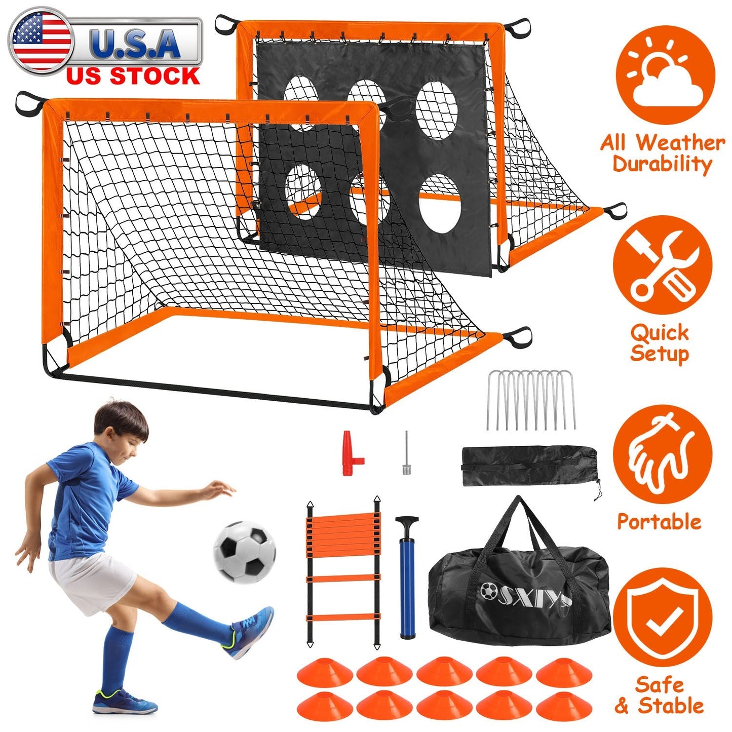 Kids Soccer Goals Set For Backyard Portable Soccer Training Equipment with Ball Pump Cones Agility Ladder Target Carry Bag For Toddler Age 3+ Outdoor - PitchMade